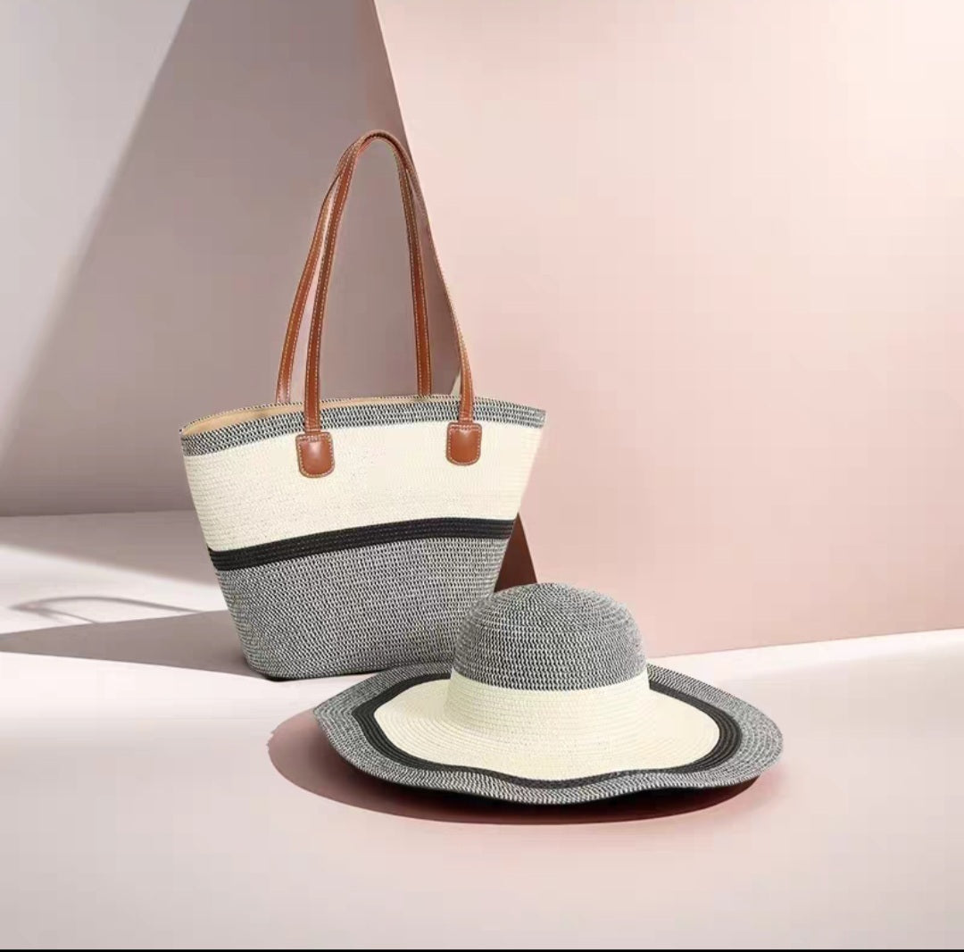 Single shoulder straw bag and hat