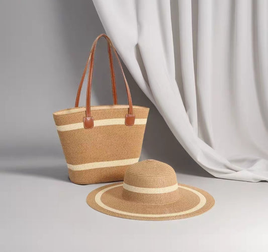 Single shoulder straw bag and hat