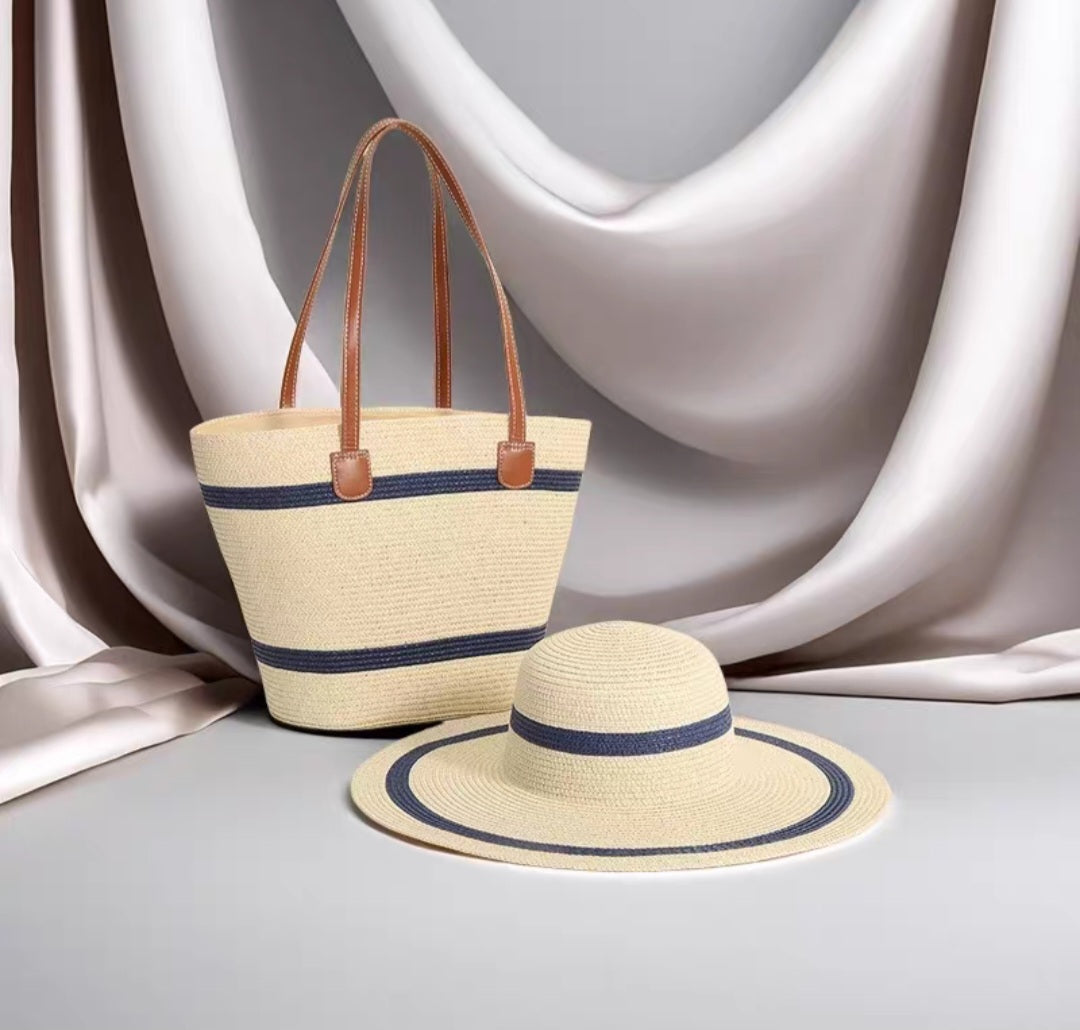 Single shoulder straw bag and hat