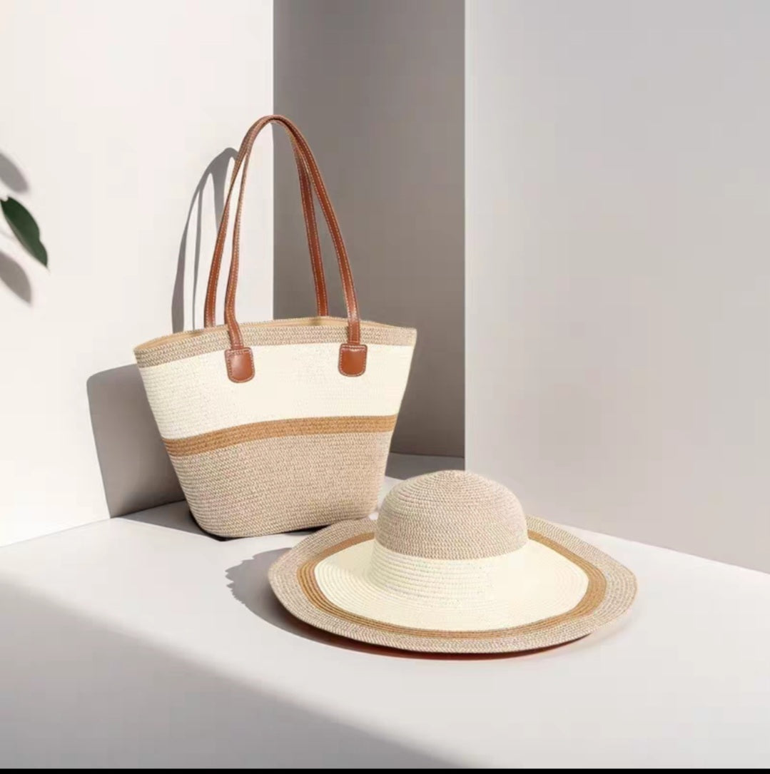 Single shoulder straw bag and hat