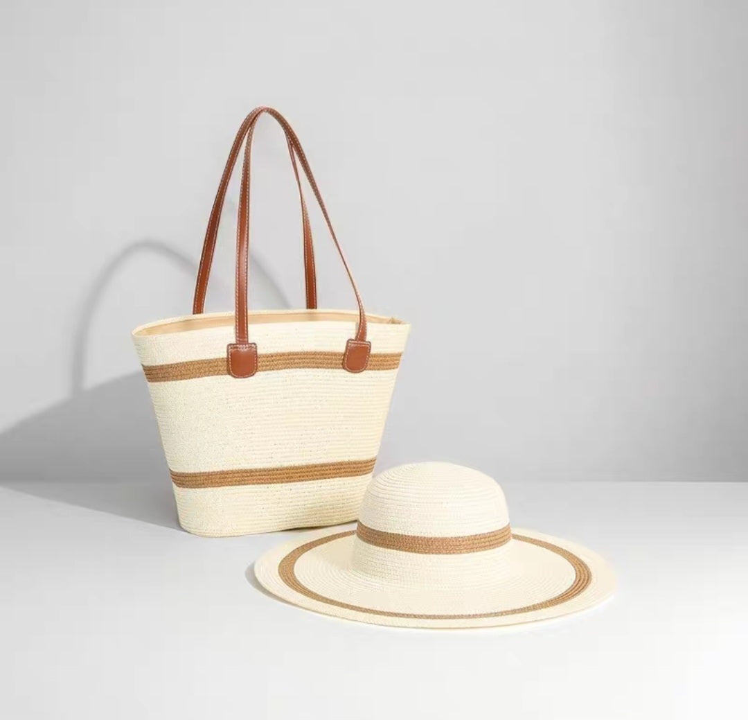 Single shoulder straw bag and hat
