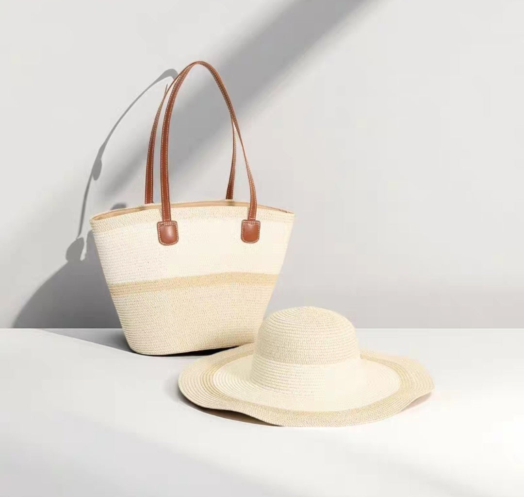 Single shoulder straw bag and hat